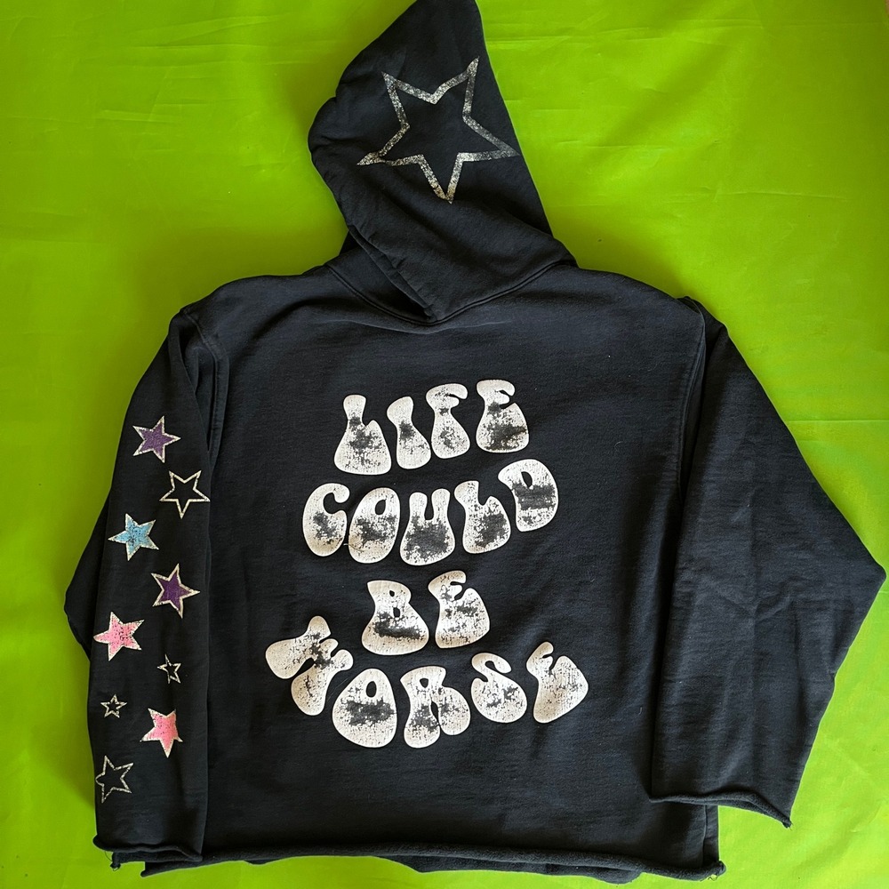 Life Could Be Worse LCBW Hoodie Black Star Cropped Pullover Large